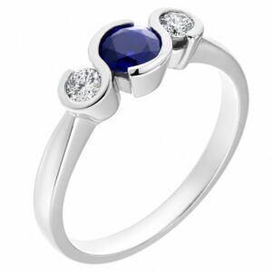 modern design rubover trilogy style ring blue sapphire round brilliant cut diamonds platinum gold