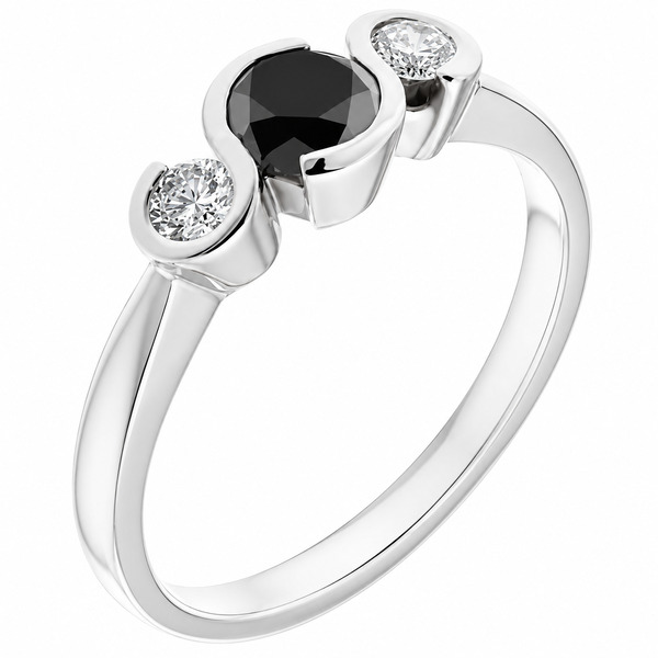 modern modernist contemporary design rubover trilogy style ring black round brilliant cut diamonds platinum gold