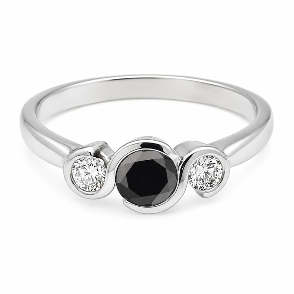 modern modernist contemporary design rubover trilogy style ring black round brilliant cut diamonds platinum gold
