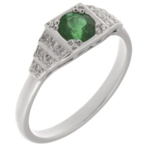 classic 1920's art deco style engagement ring round green Emerald diamond square diamonds stepped platinum gold