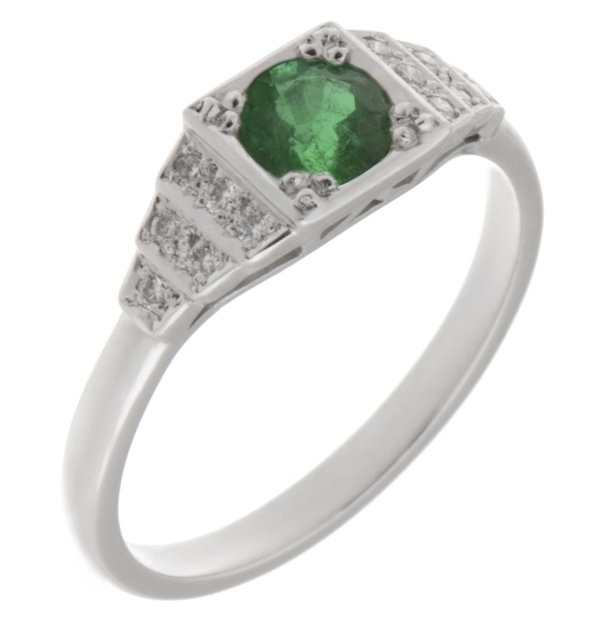 classic 1920's art deco style engagement ring round green Emerald diamond square diamonds stepped platinum gold