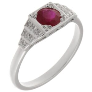 classic 1920's art deco style engagement ring round Ruby diamond square diamonds stepped platinum gold