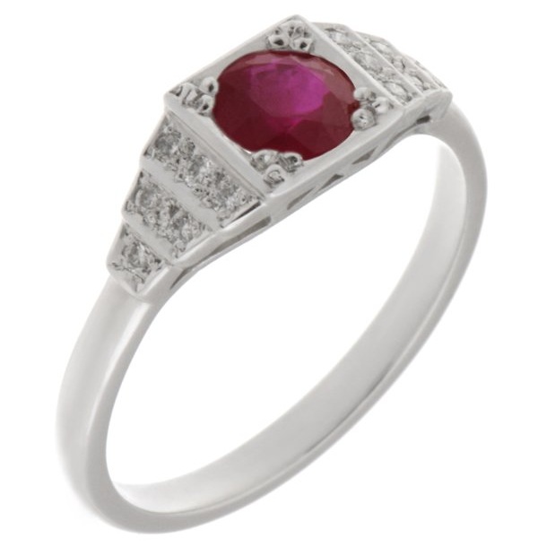 classic 1920's art deco style engagement ring round Ruby diamond square diamonds stepped platinum gold