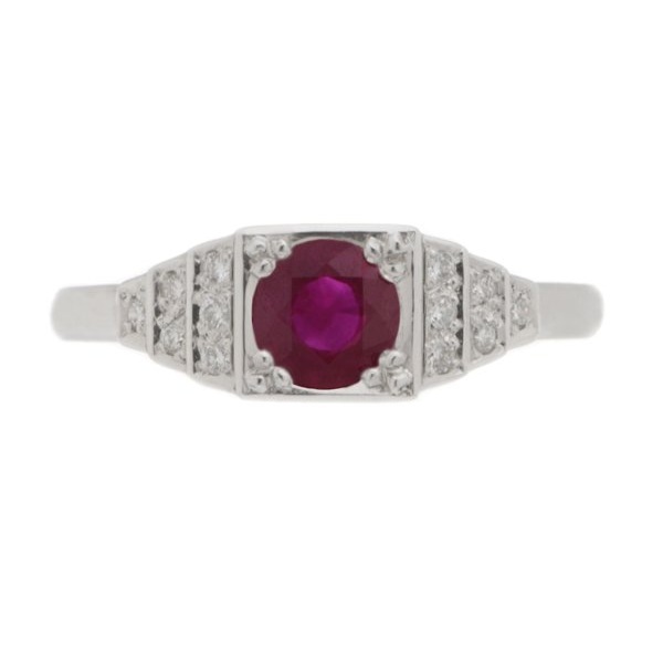 classic 1920's art deco style engagement ring round Ruby diamond square diamonds stepped platinum gold