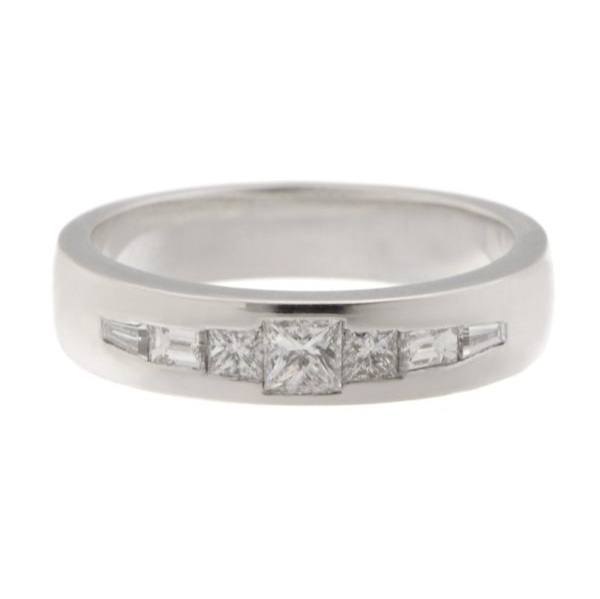 Classic 1920's Art Deco style half eternity style ring princess cut diamond baguette diamonds platinum gold