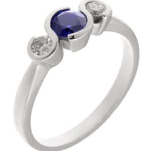 modern design rubover trilogy style ring blue sapphire round brilliant cut diamonds platinum gold