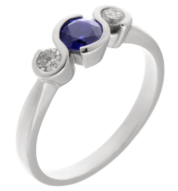modern design rubover trilogy style ring blue sapphire round brilliant cut diamonds platinum gold