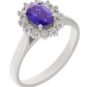Crystal classic oval shape cut Tanzanite with round brilliant cut diamond halo cluster claw set ring platinum gold