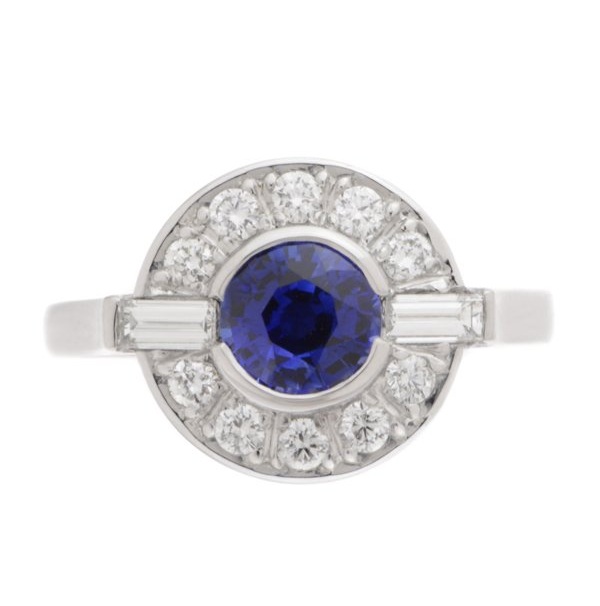 Classic 1920's 1930's Art Deco style cluster design ring round blue sapphire baguette diamonds halo platinum gold