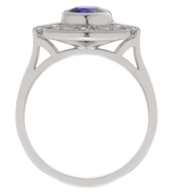 Classic 1920's 1930's Art Deco style cluster design ring round blue sapphire baguette diamonds halo platinum gold