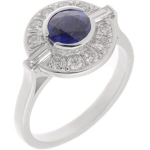 Classic 1920's 1930's Art Deco style cluster design ring round blue sapphire baguette diamonds halo platinum gold