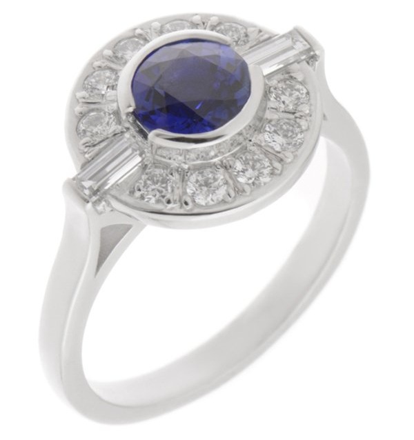 Classic 1920's 1930's Art Deco style cluster design ring round blue sapphire baguette diamonds halo platinum gold