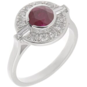Classic 1920's 1930's Art Deco style cluster design ring round Ruby baguette diamond halo platinum gold