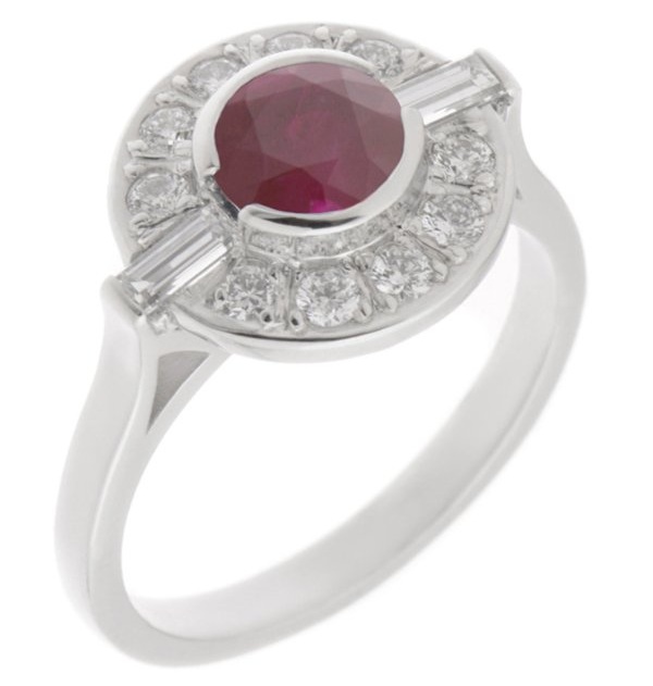 Classic 1920's 1930's Art Deco style cluster design ring round Ruby baguette diamond halo platinum gold