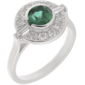 Classic 1920's 1930's Art Deco style cluster design ring round green emerald baguette diamond halo platinum gold