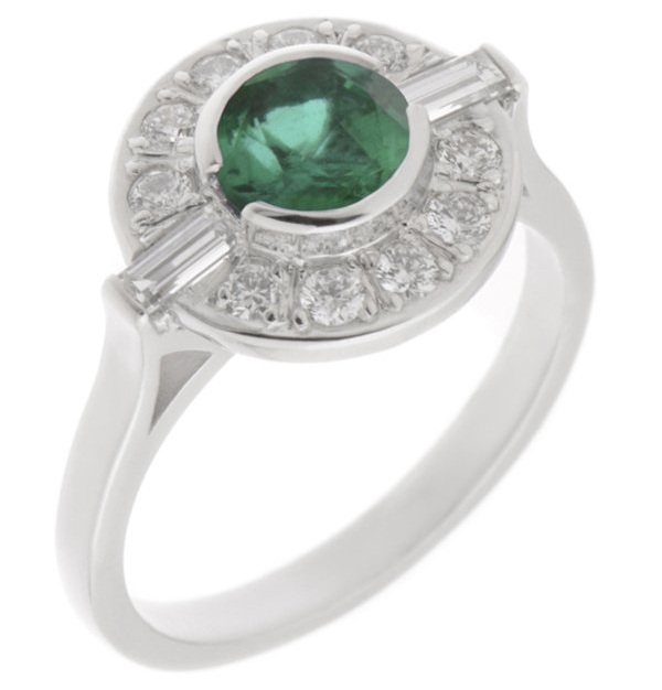 Classic 1920's 1930's Art Deco style cluster design ring round green emerald baguette diamond halo platinum gold