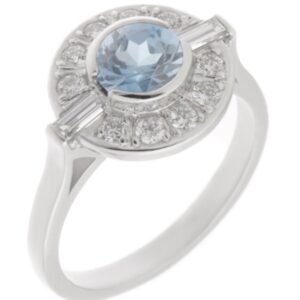 Classic 1920's 1930's Art Deco style cluster design ring round aqua aquamarine baguette diamonds halo platinum gold