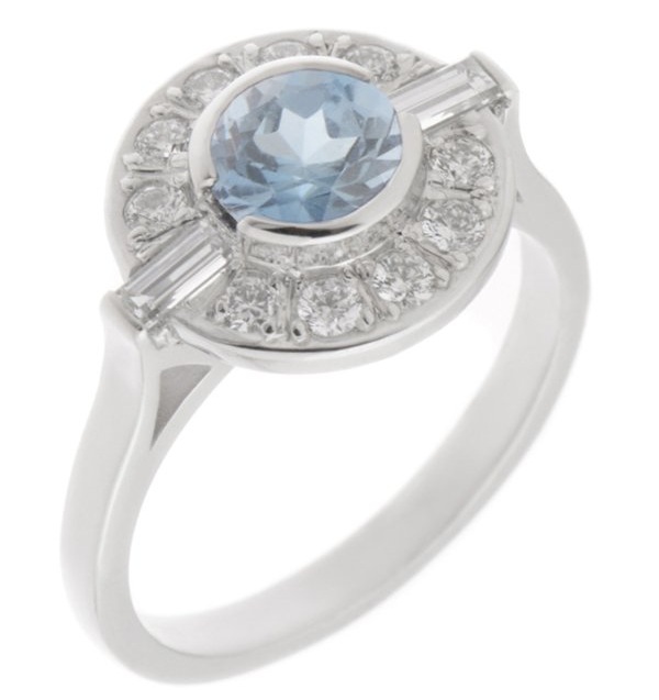 Classic 1920's 1930's Art Deco style cluster design ring round aqua aquamarine baguette diamonds halo platinum gold