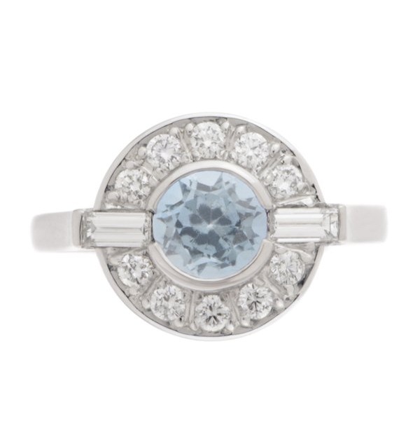 Classic 1920's 1930's Art Deco style cluster design ring round aqua aquamarine baguette diamonds halo platinum gold