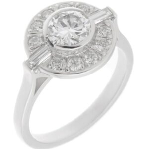 Classic 1920's 1930's Art Deco style cluster design ring round diamond baguette diamonds halo platinum gold