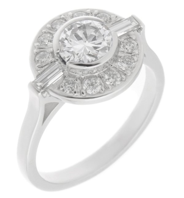 Classic 1920's 1930's Art Deco style cluster design ring round diamond baguette diamonds halo platinum gold