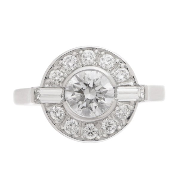 Classic 1920's 1930's Art Deco style cluster design ring round diamond baguette diamonds halo platinum gold