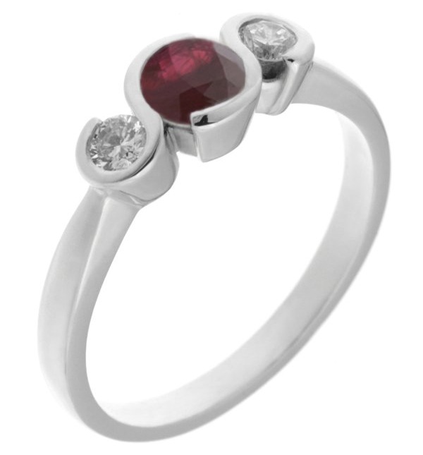 modern contemporary design rubover trilogy style ring ruby round brilliant cut diamonds platinum gold
