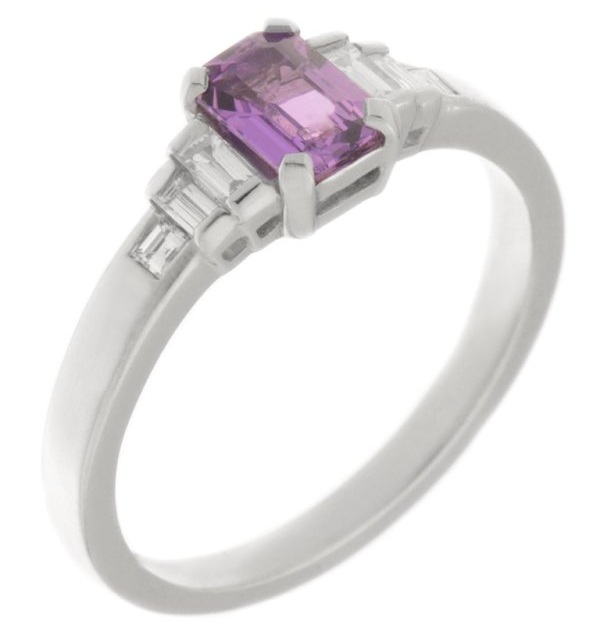 1920's Art Deco style ring octagon shaped emerald step cut purple sapphire stone baguette diamonds shoulders platinum gold