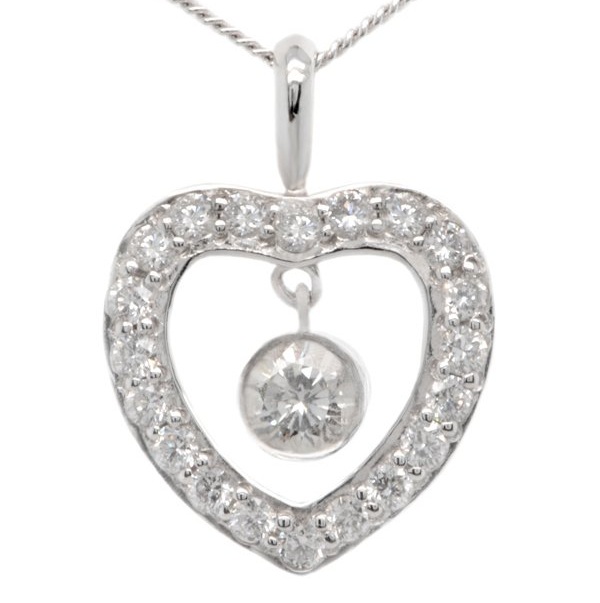 Heart shaped pendant round brilliant cut diamonds solitaire hanging diamond halo bail loop chain white Gold
