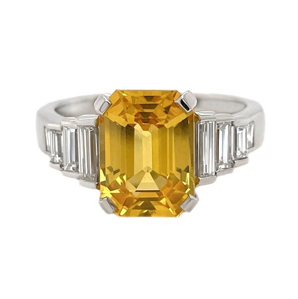Art Deco style octagon step emerald cut yellow Sapphire baguette Diamond ring Platinum.
