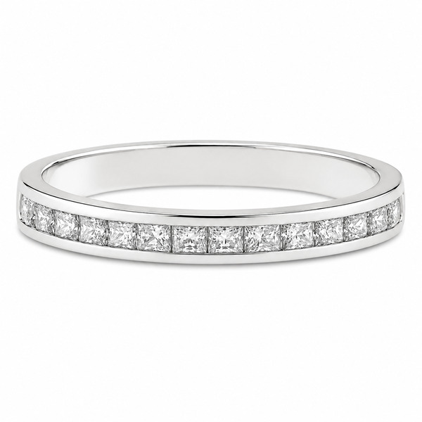 classic diamond half eternity ring channel set princess square cut 0.05ct diamonds 2.5mm width platinum gold