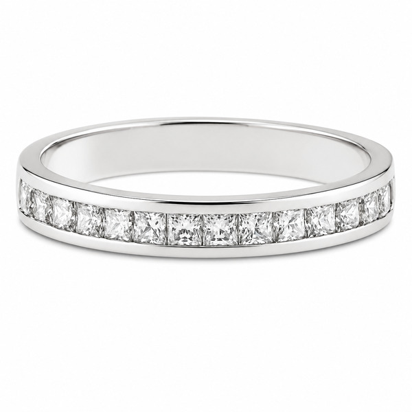 classic diamond half eternity ring channel set princess square cut 0.10ct diamonds 4mm width platinum gold