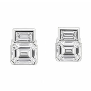 Art Deco style Emerald & Baguette Cut shape natural Diamond drop stud Earrings platinum gold