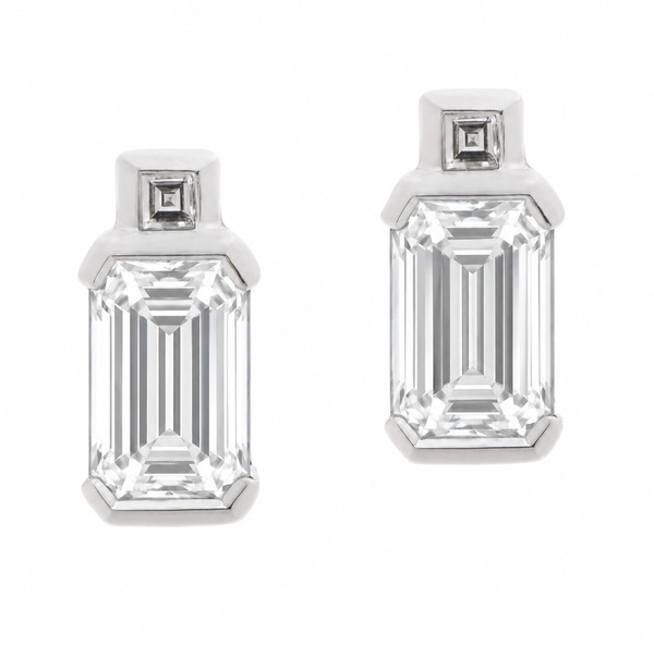 Art Deco style octagon step Emerald & carre Cut shape natural stud Diamond Earrings platinum gold