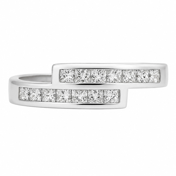 Modern modernist contmporary crossover style two row eternity ring channel set princess cut diamonds platinum gold