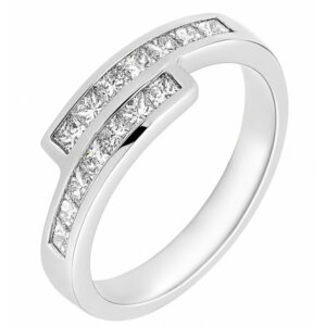 Modern modernist contmporary crossover style two row eternity ring channel set princess cut diamonds platinum gold