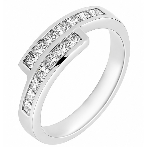 Modern modernist contmporary crossover style two row eternity ring channel set princess cut diamonds platinum gold