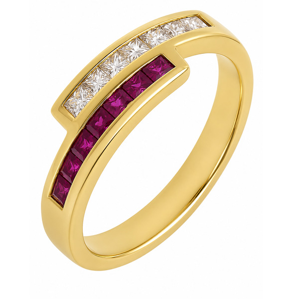 Modern modernist contmporary crossover style two row eternity ring channel set princess cut diamond Ruby platinum gold