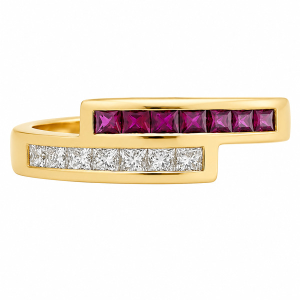 Modern modernist contmporary crossover style two row eternity ring channel set princess cut diamond Ruby platinum gold