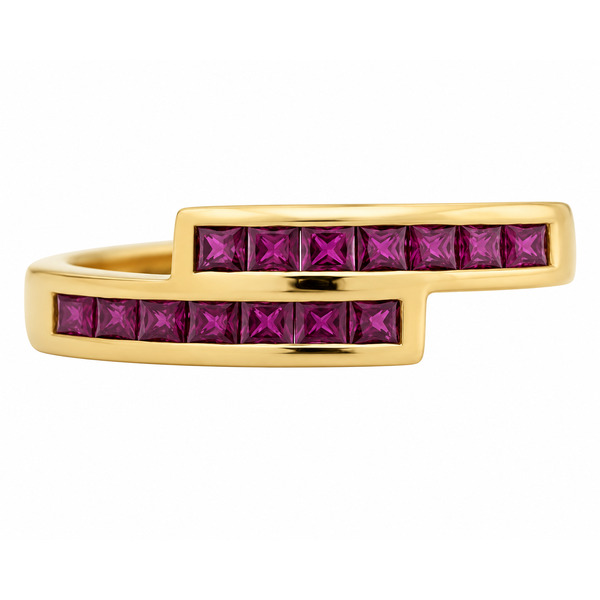 Modern modernist contmporary crossover style two row eternity ring channel set Ruby rubies platinum gold