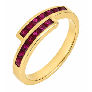 Modern modernist contmporary crossover style two row eternity ring channel set Ruby rubies platinum gold