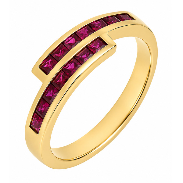 Modern modernist contmporary crossover style two row eternity ring channel set Ruby rubies platinum gold