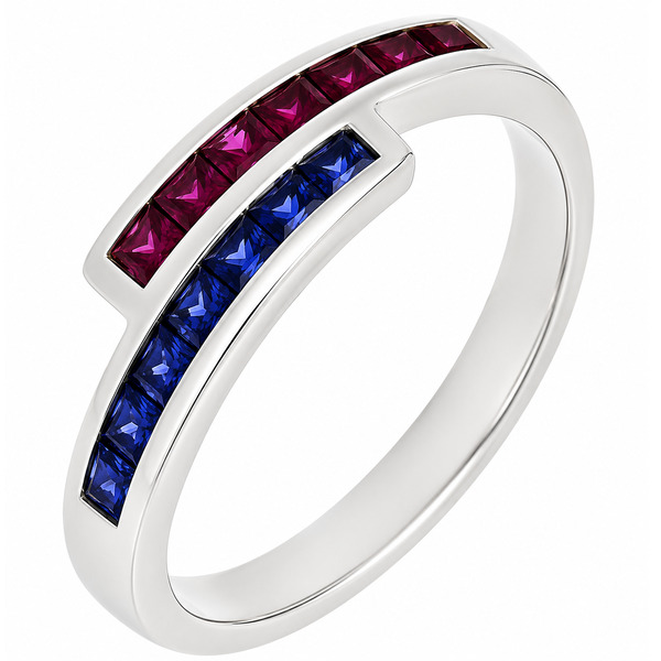 Modern modernist contmporary crossover style two row eternity ring channel set Ruby rubies & blue sapphire platinum gold