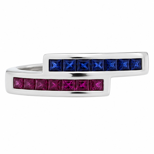 Modern modernist contmporary crossover style two row eternity ring channel set Ruby rubies & blue sapphire platinum gold