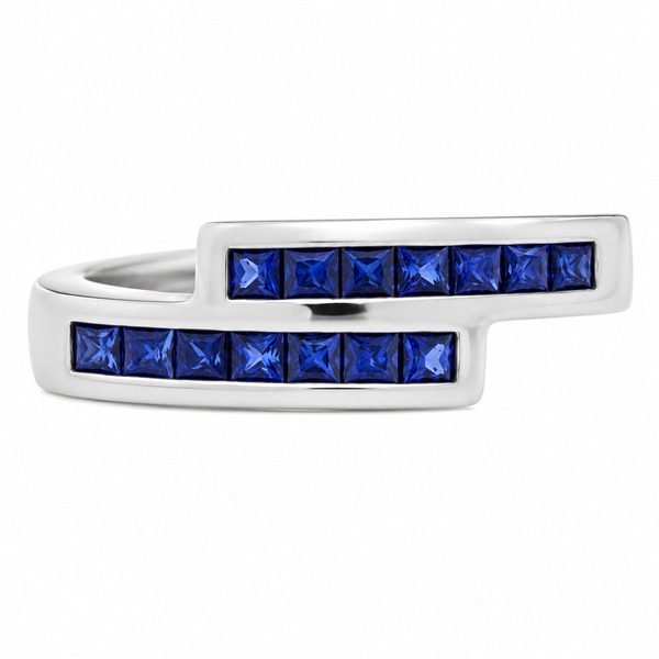 Modern modernist contmporary crossover style two row eternity ring channel set cut square blue sapphire platinum gold