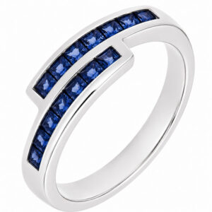 Modern modernist contmporary crossover style two row eternity ring channel set cut square blue sapphire platinum gold