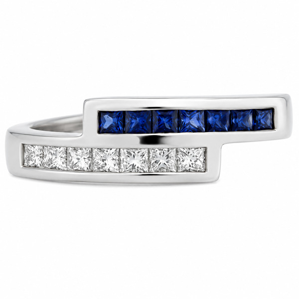 Modern modernist contmporary crossover style two row eternity ring channel set princess cut diamond & square blue sapphire platinum gold