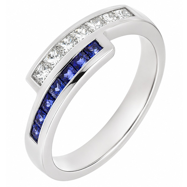 Modern modernist contmporary crossover style two row eternity ring channel set princess cut diamond & square blue sapphire platinum gold