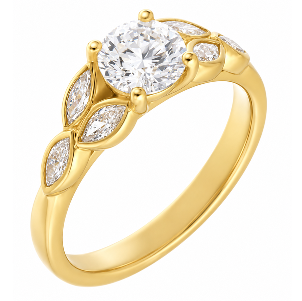 Round brilliant cut diamond solitaire engagement ring with marquise cut petal floral organic shoulders Platinum Gold