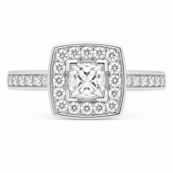 vintage art deco style princess round brilliant cut diamond halo style cluster ring cushion shape setting platinum gold